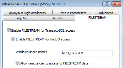 Okno konfiguracji FILESTREAM dla serwera