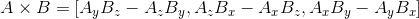 Wzór na obliczenie wektora normalnego płaszczyzny reprezentowanej przez dwa wektory po przekształceniu wzoru.